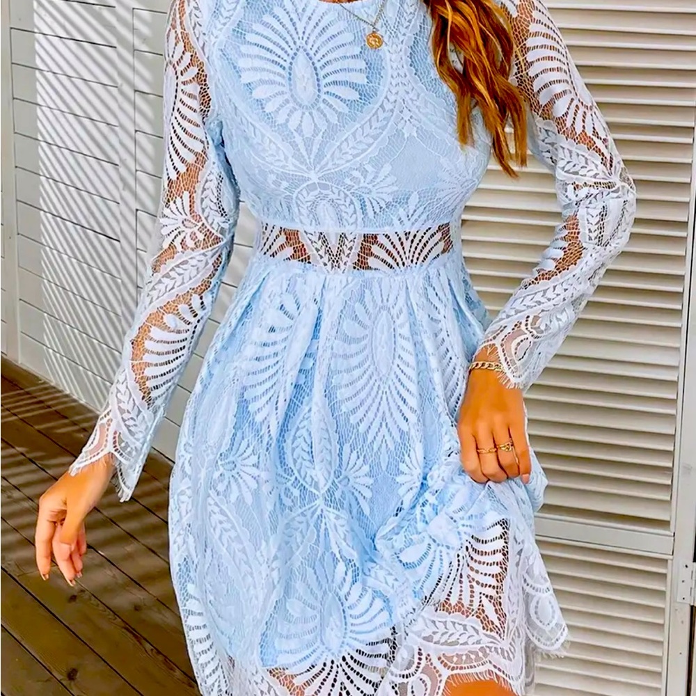 Elegant Lace Overlay Blue Dress